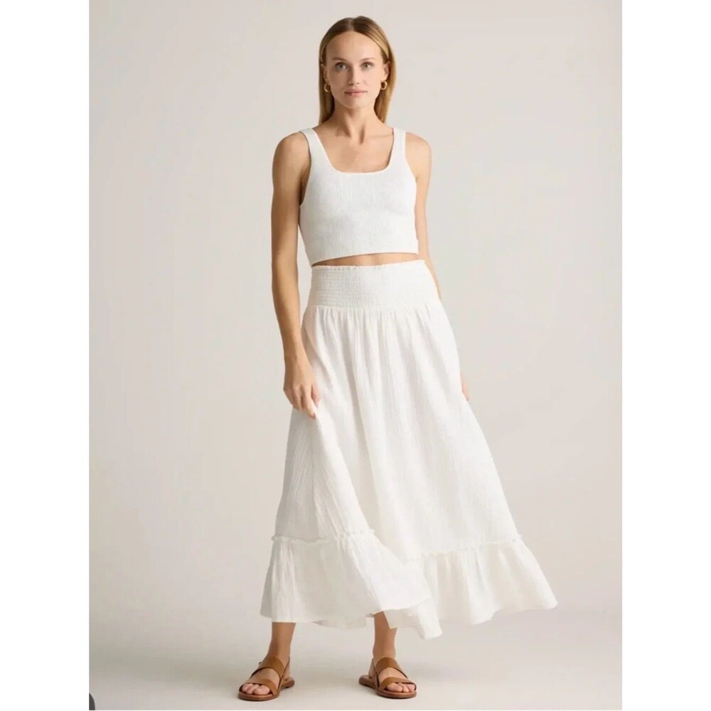 Quince 100% Organic Cotton Gauze Smocked Maxi Skirt / White / S - Picture 3 of 3